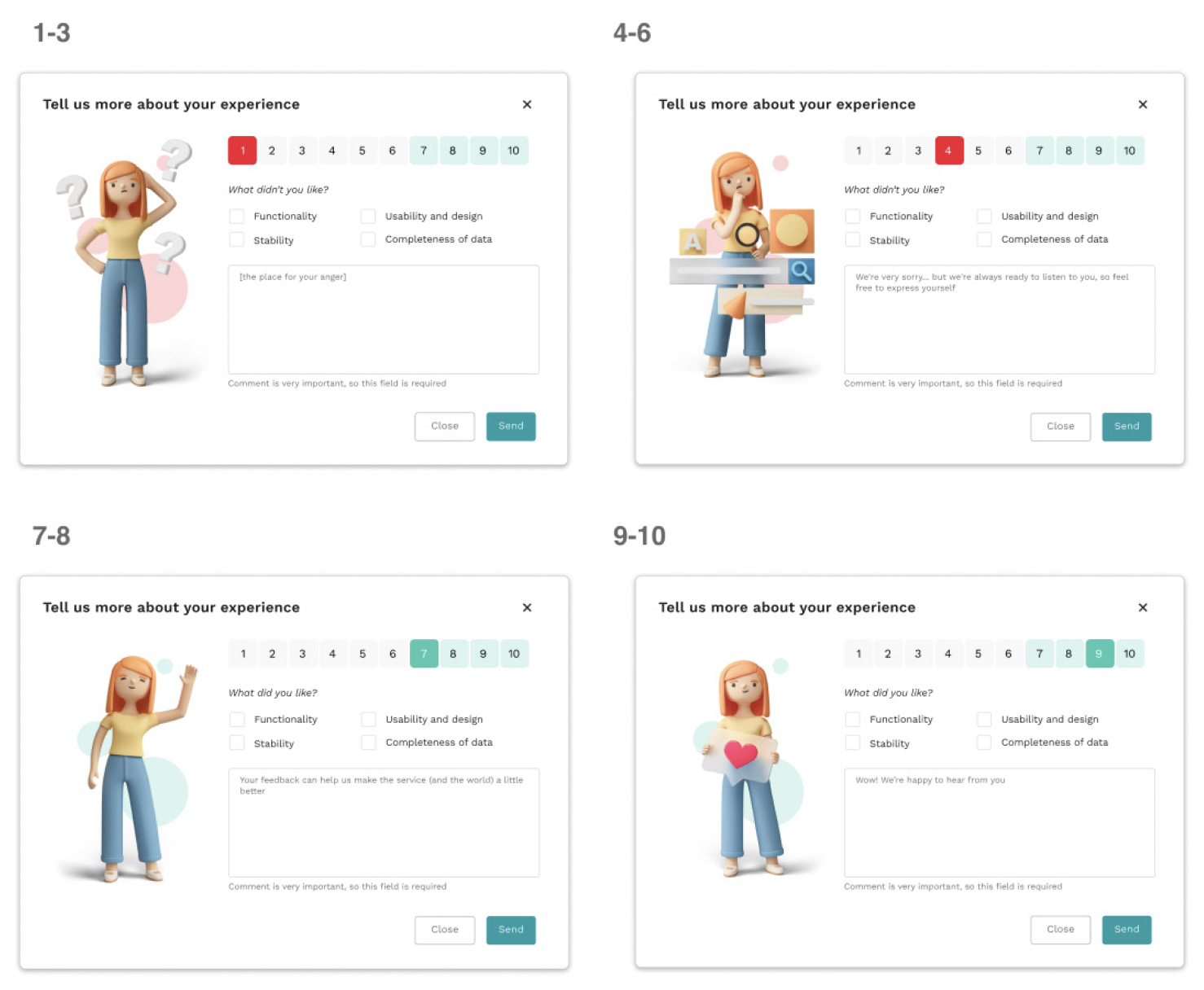Feedback screen with conditional checkboxes and contextual illustration