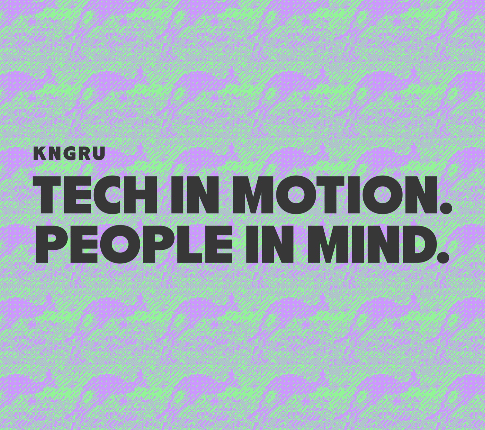 KANGARU brand cover: Tech in motion. People in mind. Bold black type over a green and lilac pixel kangaroo pattern