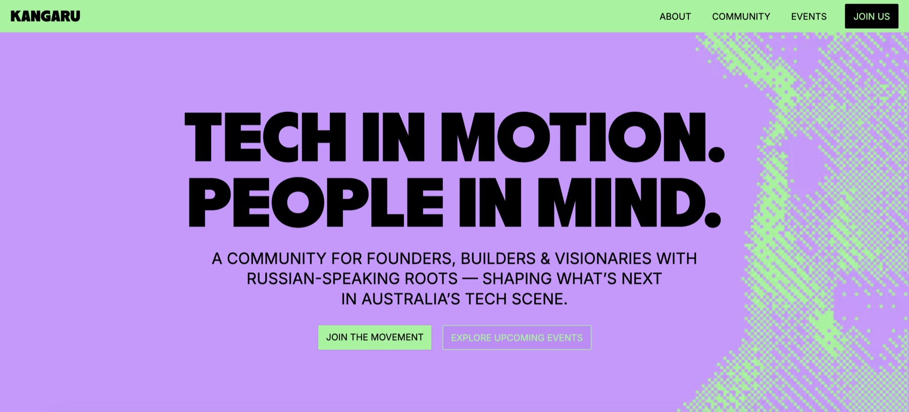 The kangaru.au hero: Tech in motion. People in mind. Bold black type on lilac with a pixel kangaroo