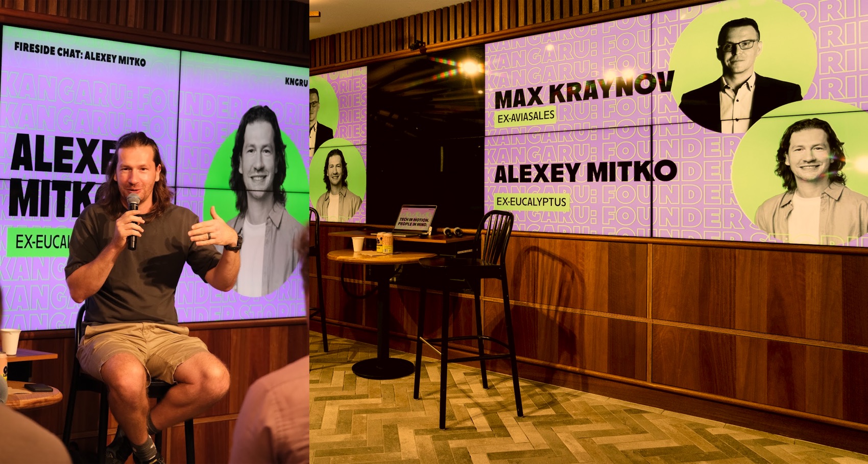 Fireside chat with Alexey Mitko in front of venue screens carrying the Founder Stories graphics