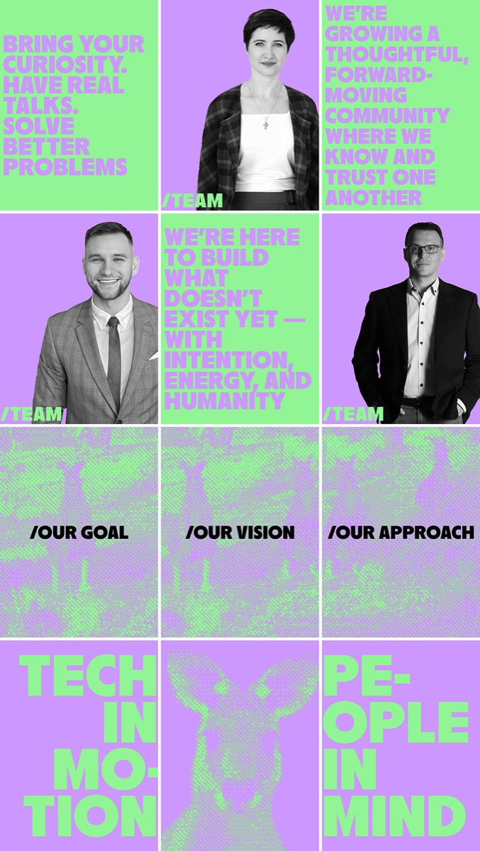 KANGARU Instagram grid: manifesto tiles alternating with team portraits and event graphics