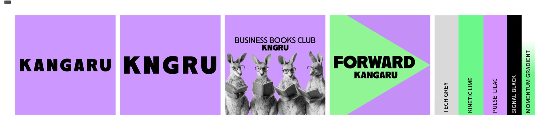 The KANGARU brand system in one strip: logo variants, the pixel kangaroo illustration, the Forward sub-brand and the colour palette from tech grey to momentum gradient