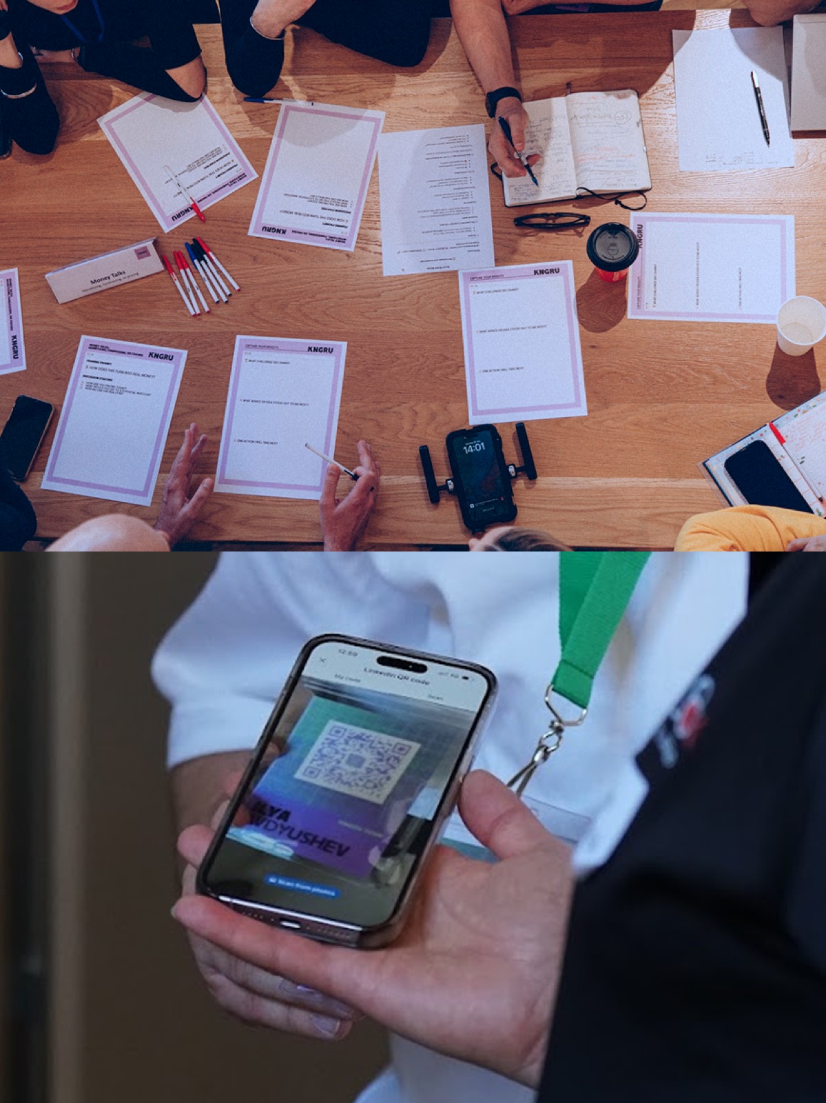 The brand in print: branded worksheets on a workshop table and a QR badge being scanned on a phone
