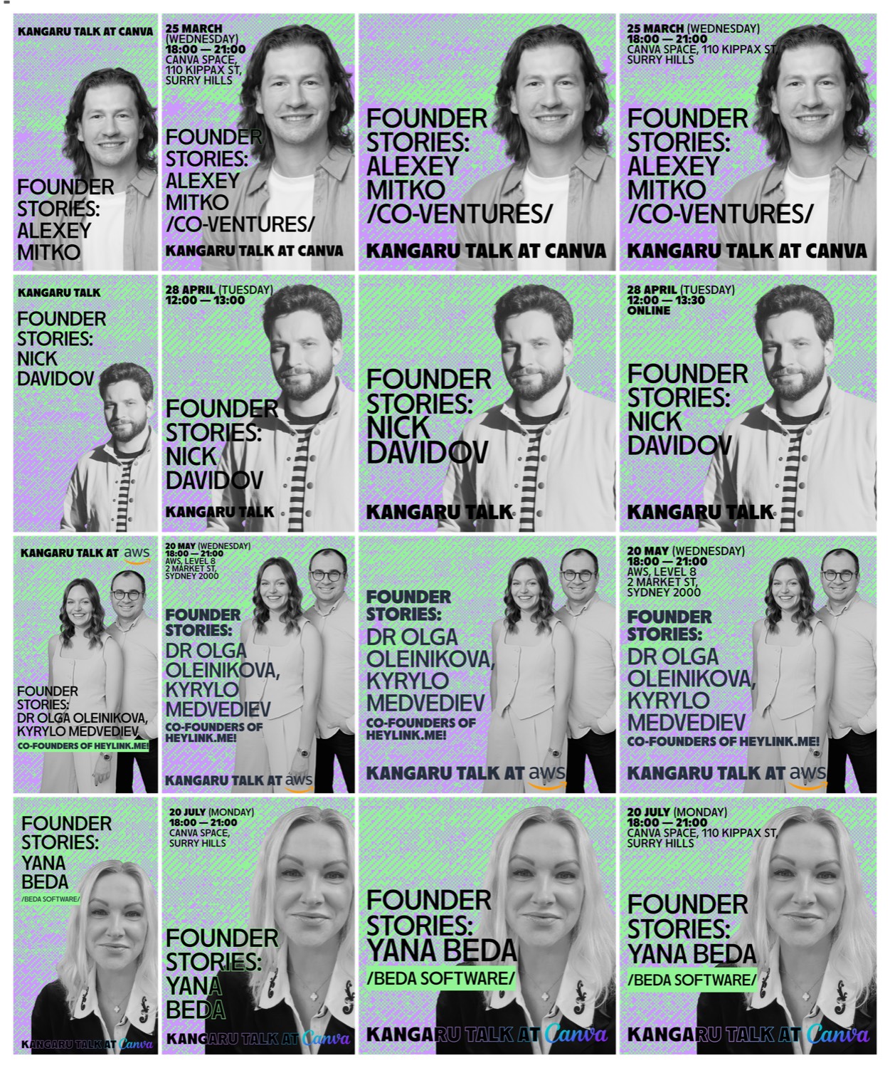 The Founder Stories speaker card system: one flexible layout adapted across four speakers, venues and dates