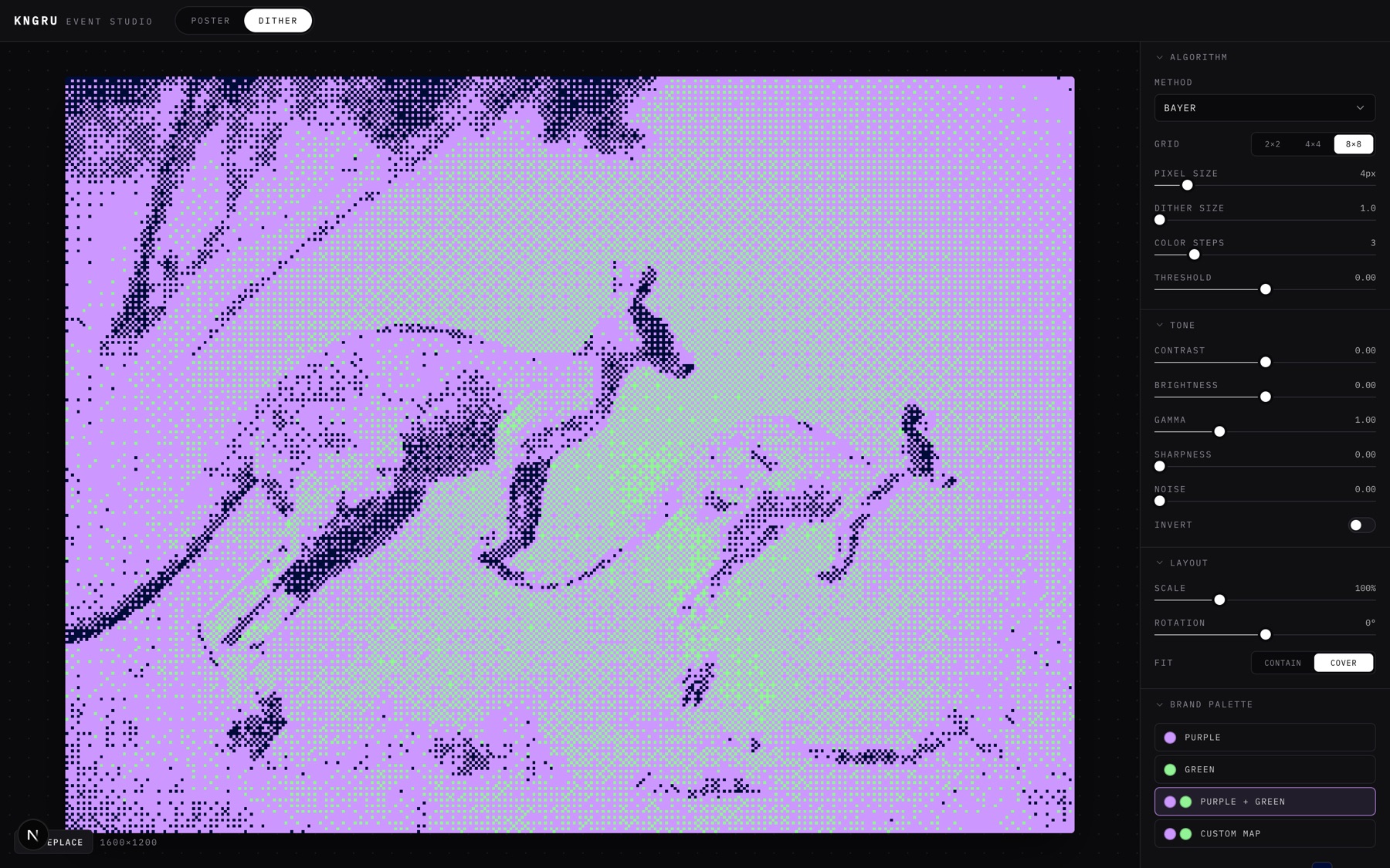 The dither tool converting a kangaroo photo into purple and green brand pixel art, with algorithm, tone and palette controls