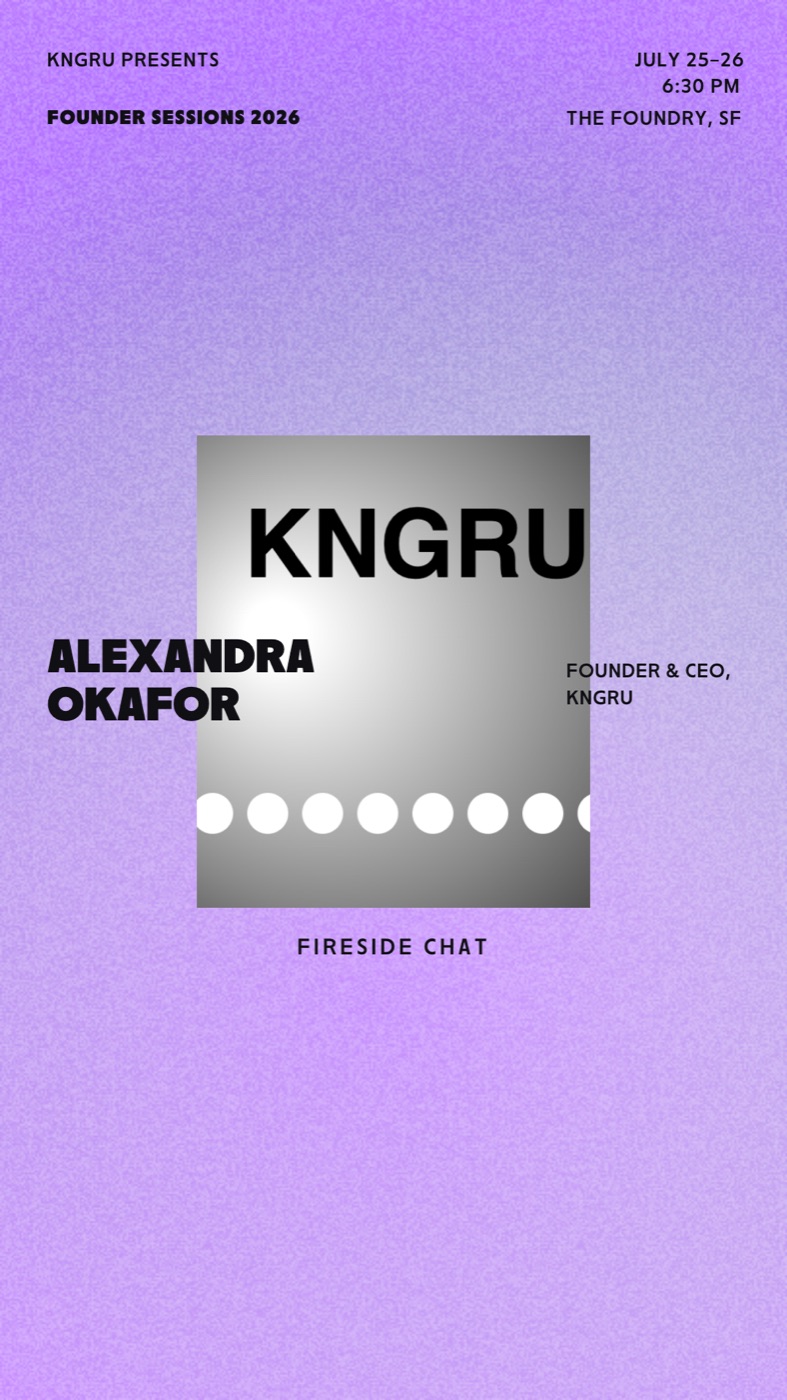 Exported Instagram story poster: Founder Sessions 2026 with speaker name and event details in the KNGRU brand style
