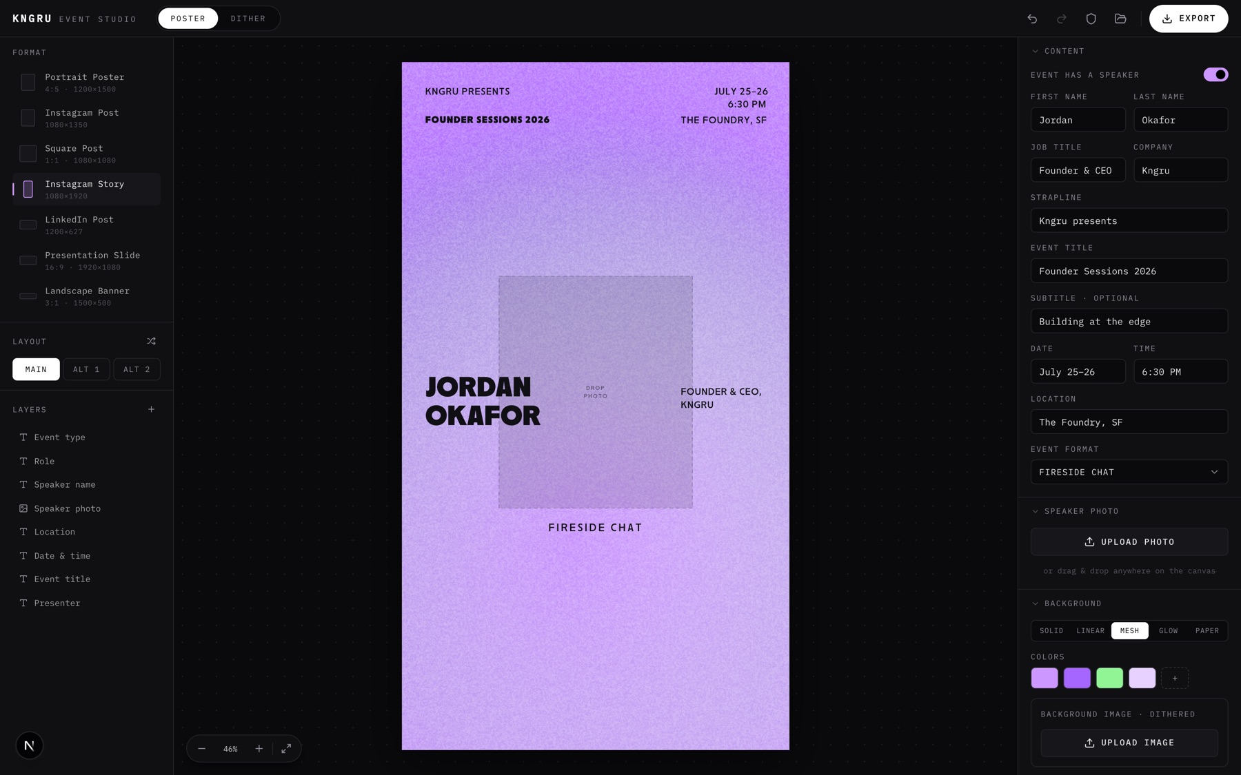 The editor in Instagram Story format: the same poster content reflowed to 1080 by 1920 with safe areas