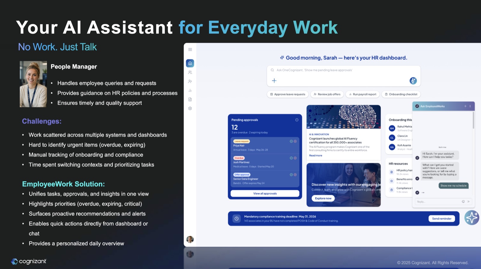 A personalised HR dashboard with pending approvals, onboarding updates and an EmployeeWorks chat panel