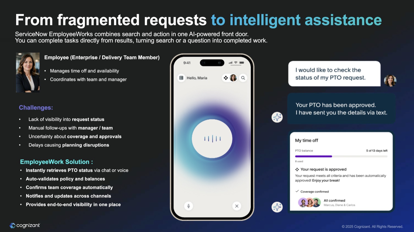 Mobile chat confirming a PTO request has been approved and team coverage automatically confirmed