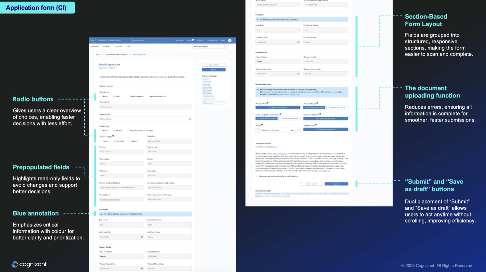 A government DFA ID application form annotated with radio buttons, prepopulated fields and document uploads