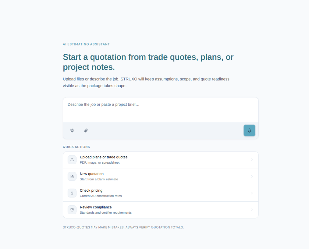 The original empty state: Start a quotation from trade quotes, plans, or project notes, with quick actions as a vertical list