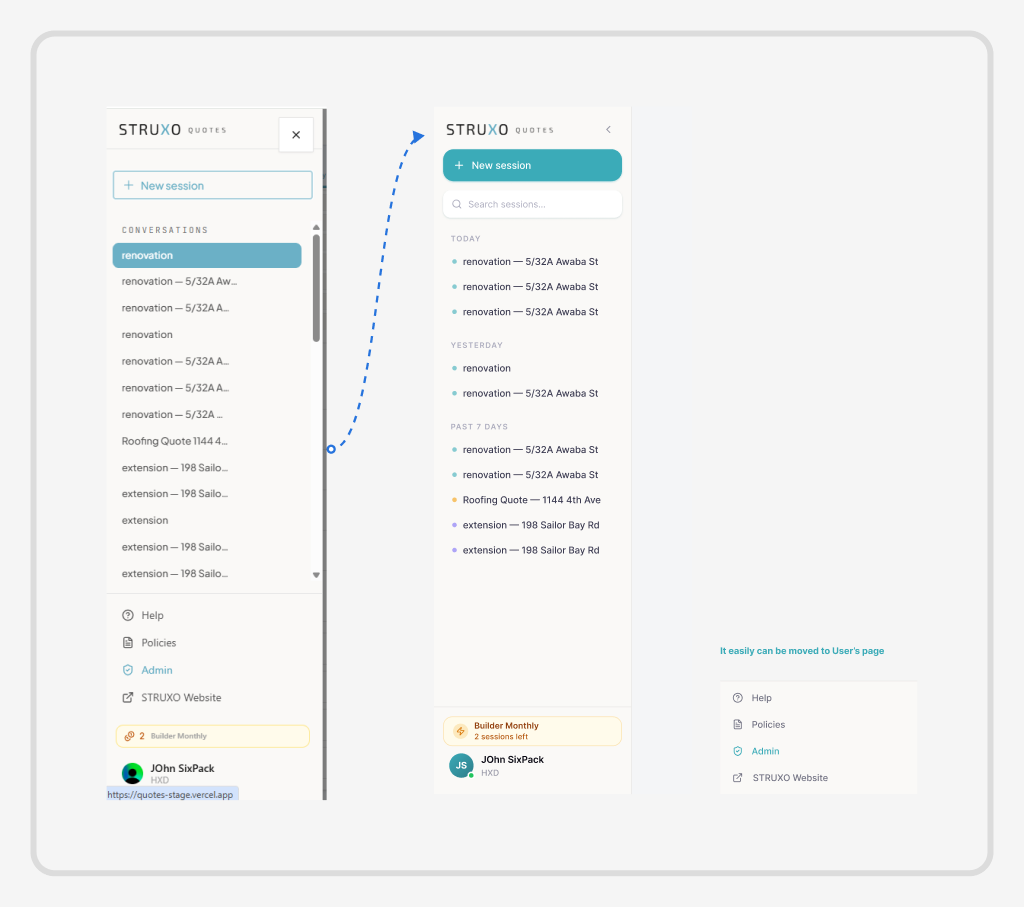 Sidebar redesign, before and after: session history grouped by Today, Yesterday and Past 7 days, with a prominent New session button and plan status
