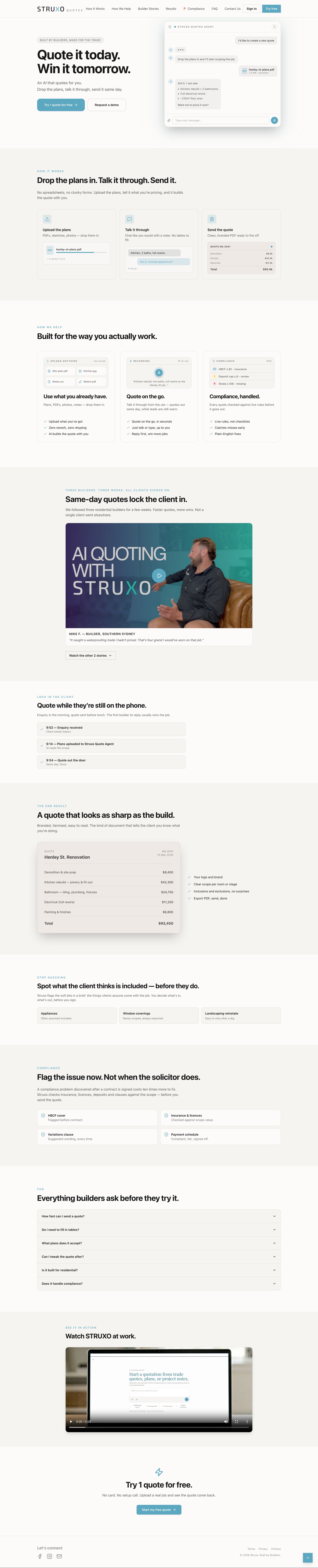 Full-page capture of quotes.struxo.com: hero with the quotes agent chat, how it works, builder stories, compliance and the final branded quote